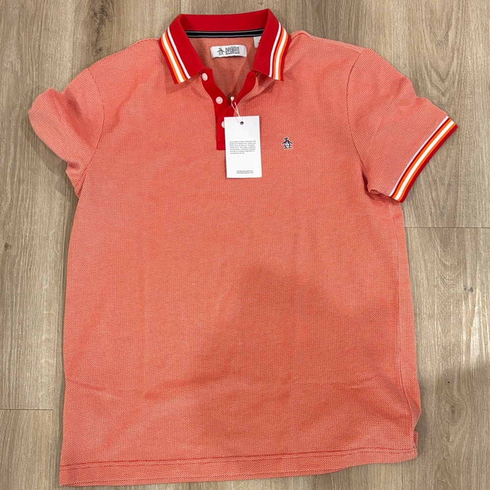 Original Penguin Coral Polo with Red Contrast Collar and Stripe Trim